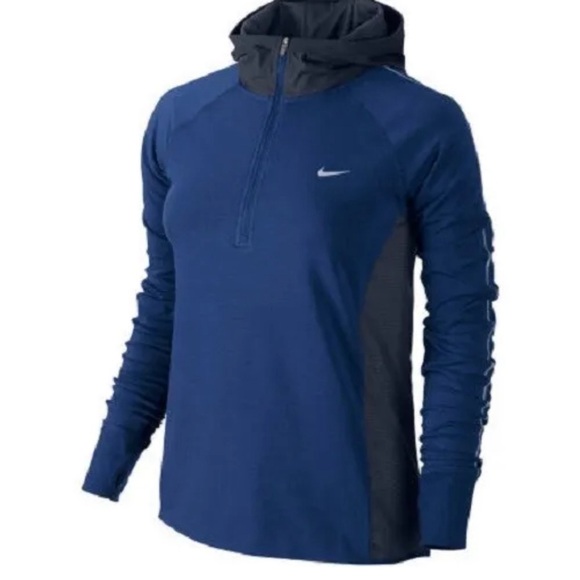 Nike Running Women M Dri-Fit Hooded Half-Zip LS Shirt Pullover Blue Lightweight - Picture 2 of 16